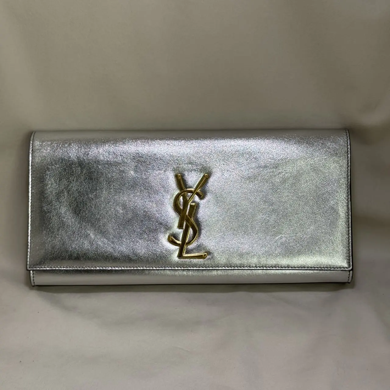 Pre-owned Yves Saint Laurent YSL Metallic Silver Leather Cassandre Clutch Bag, Pre Loved Luxury Wristlet for Women MONICA