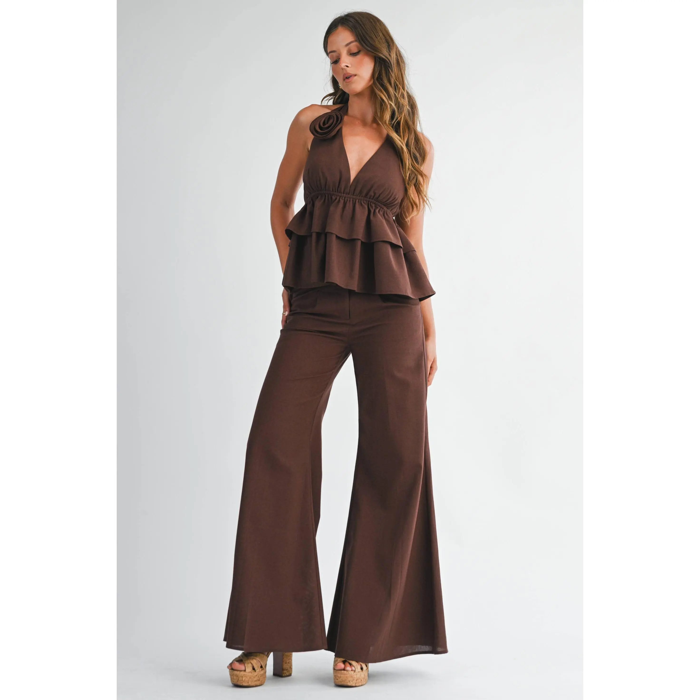 Ruffle Halter Top & Flared Trousers Set