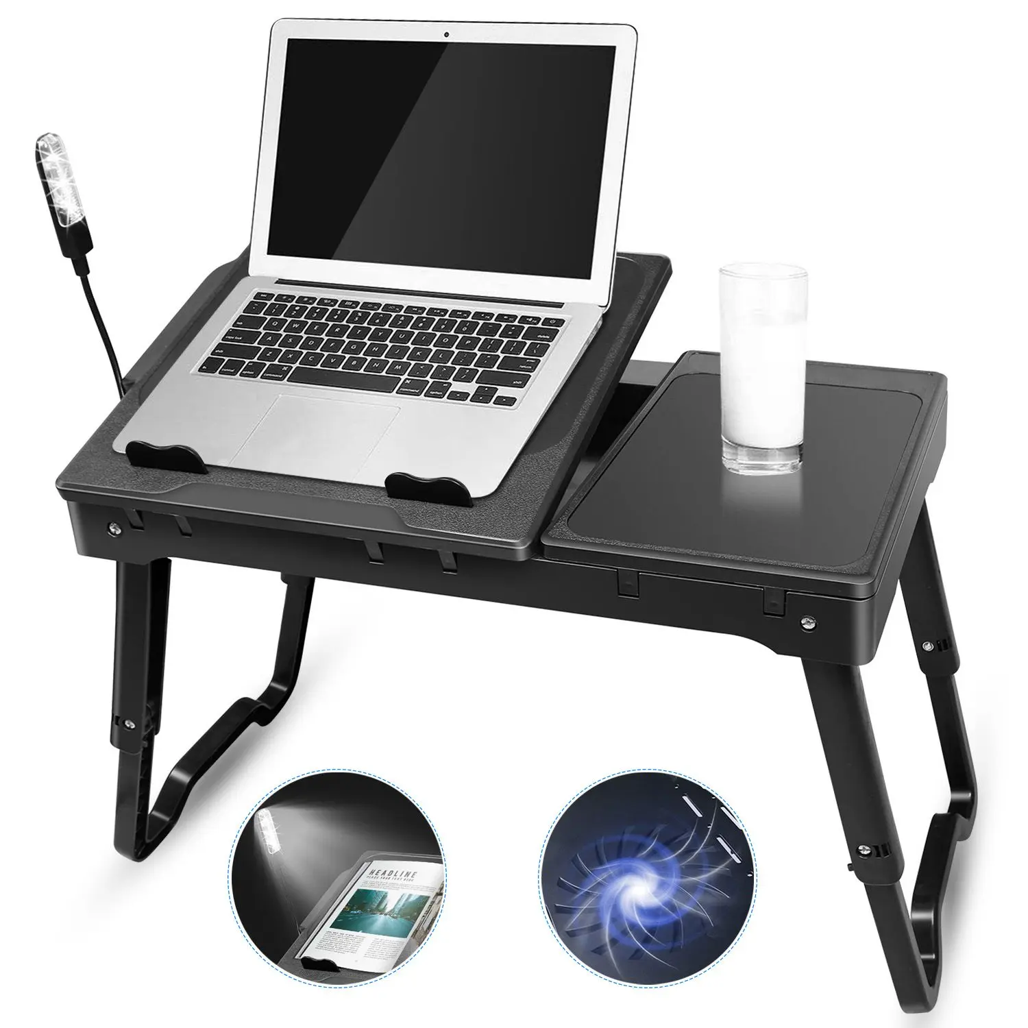 Foldable Multi-Function Bedside Table - Fold-Down, Portable, Space-Friendly, Transforming Desk with Cooling Fan, Mouse Board, LED Light, 4 USB Ports, Breakfast & Snacking Tray for Laptops/Notebooks, Fold-Down Bedside Tables, Multi-Functionality Bedside Ta
