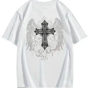 Regular Fit Cross & Wing Print Drop Shoulder Tee, Casual Streetwear Short Sleeve Round Neck T-shirt for Summer Cotton Menswear