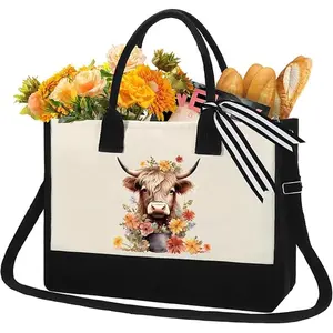 【Christmas Deal】Cow Gifts Tote Bag - Mother's Day Gift Personalized Highland Cow Canvas Tote Bag with Zipper Aesthetic Floral Reusable Grocery Handbag for Women Cow Lover Mothers Day Travel Beach Bag