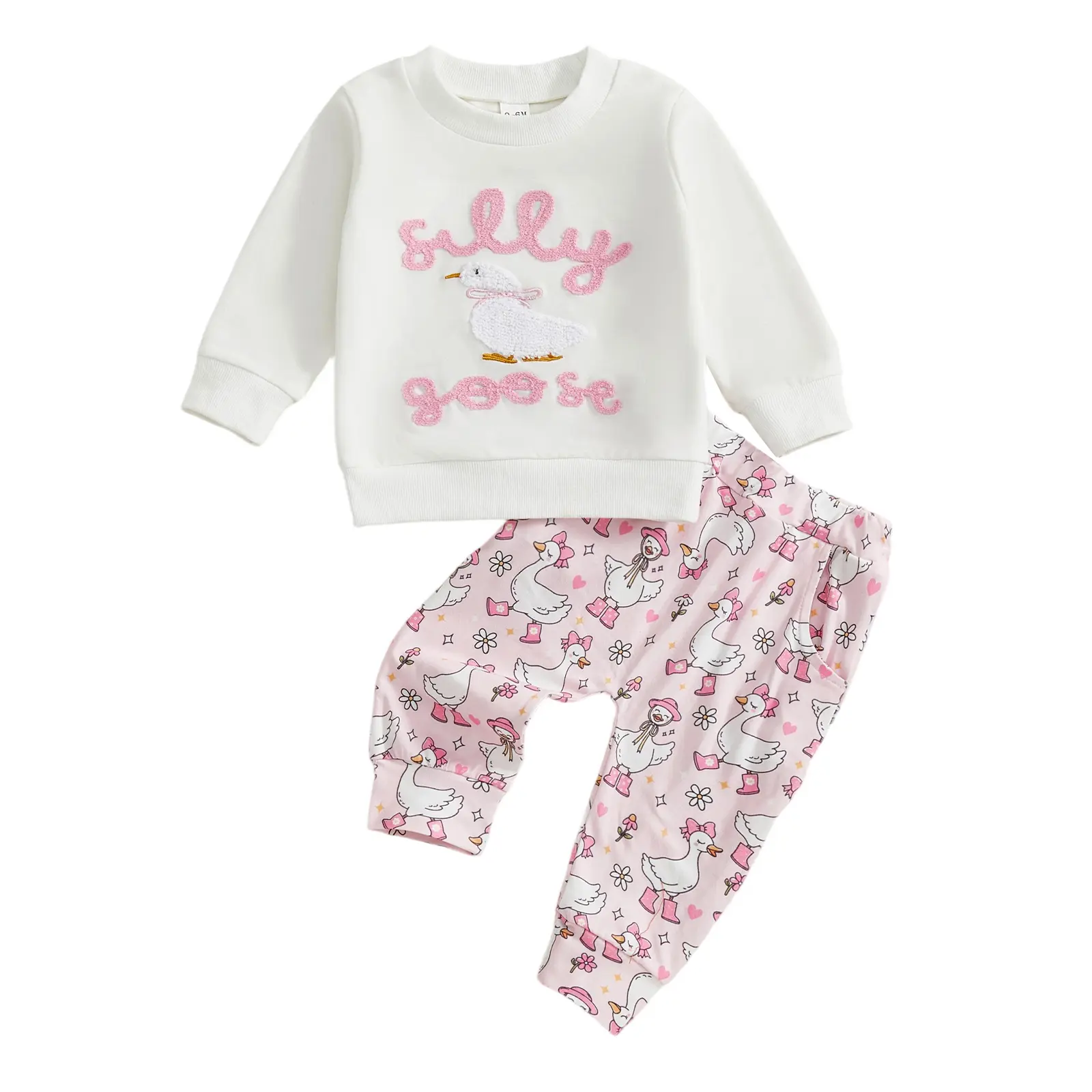 Stylish Baby Girl Outfit Set, 2-Piece Goose Embroidered Long Sleeve Sweatshirt and Jogger Pants, Toddler Fall Clothes, Animals
