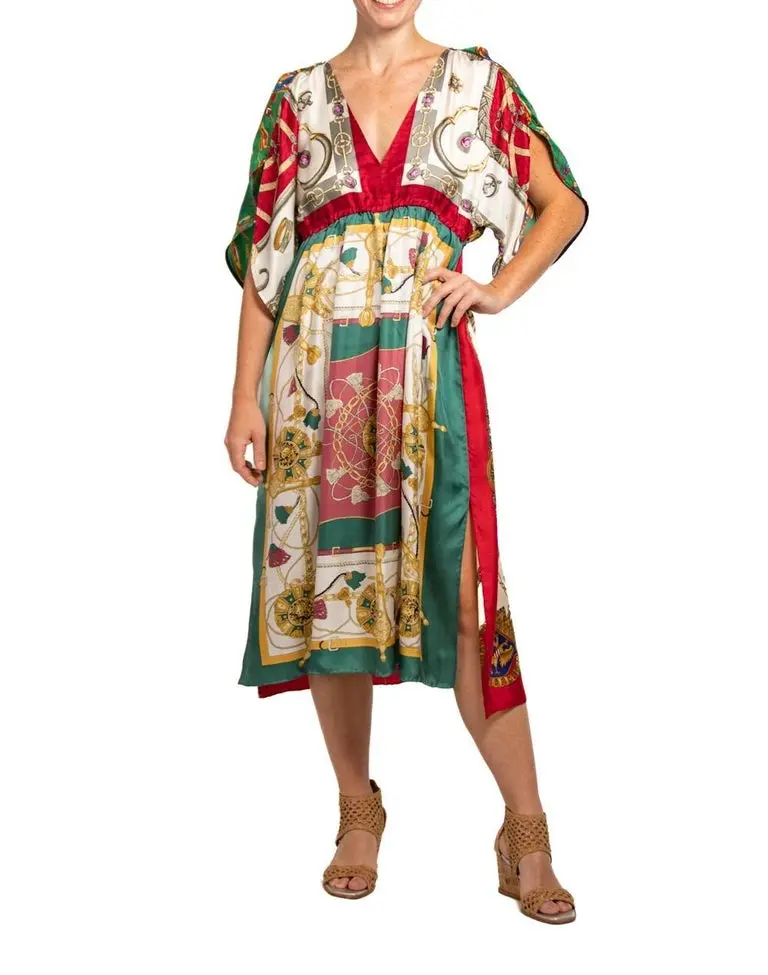MORPHEW COLLECTION Red & Green Status Print Silk Virgo Empire Waist Dress Made From Vintage Scarves