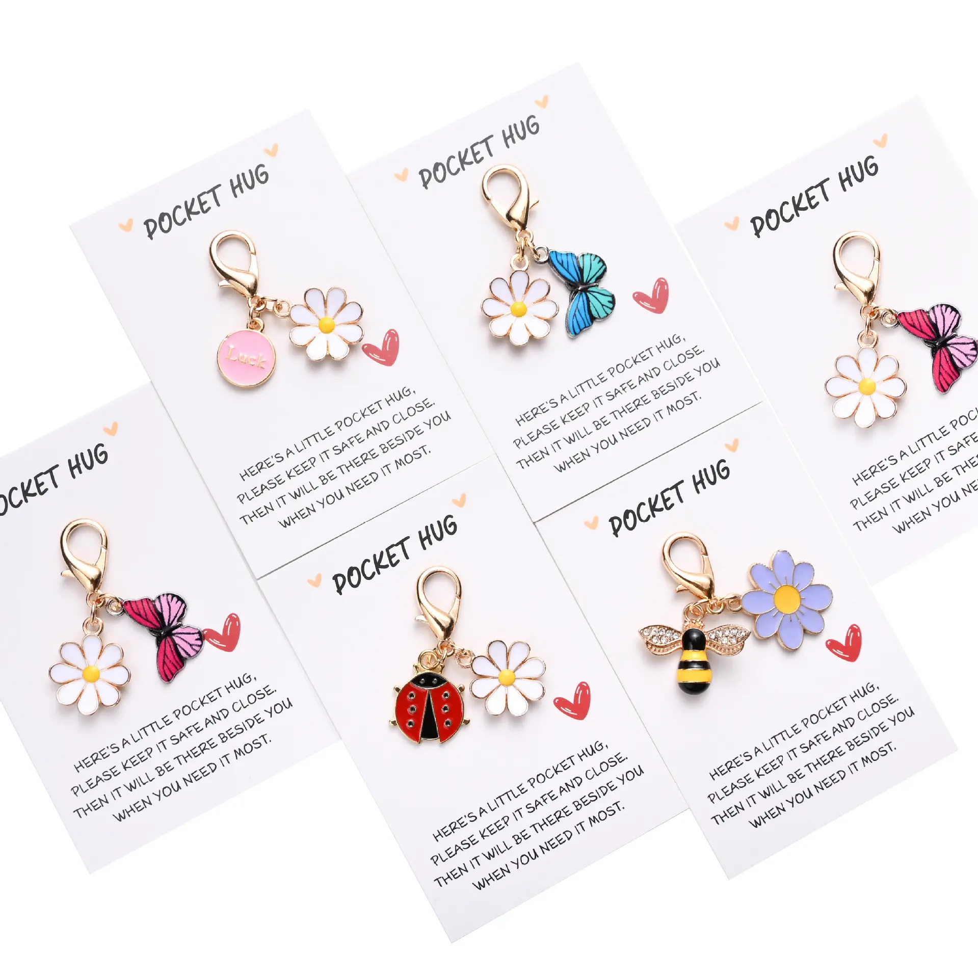 Cute Keychains with Card Pocket - 4 Sets Available (Daisy, Bee, Ladybug, Butterfly Designs) - Bug-Themed Keychains for Emotional Friendship Encouragement Gifts