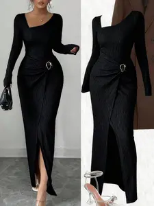 Women's Long Sleeve Maxi Dress, Pure Color Asymmetrical Neckline, Waist Cinched Slimming Split Design, Elegant Fashion for All Occasions Formal Wear