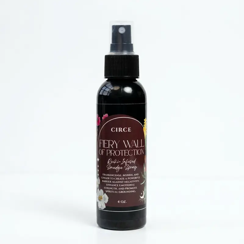 Fiery Wall of Protection Smudge Spray 4oz. - Reiki Infused with Frankincense Myrrh & Ginger Essential Oils for Spiritual Defense and Aroma