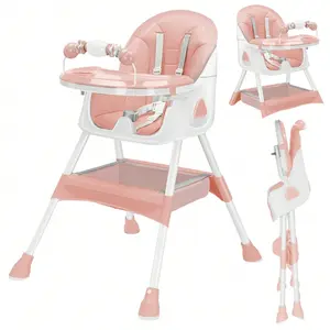 3-In-1 Pink High Chair for Baby Boy Girl, Portable Design Convertible Baby High Chair Set with Five-Point Snap Button, Comfortable Collapsible Anti Lop High Chair with Double-Layer Tray and Toy Rack Christmas Gifts
