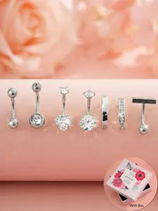 7 Piece Set Stainless Steel Heart Zircon Navel Rings, Floating Belly Button Ring, Luxurious Belly Piercing Jewelry, Perfect for Holidays, Valentine's Day Gift