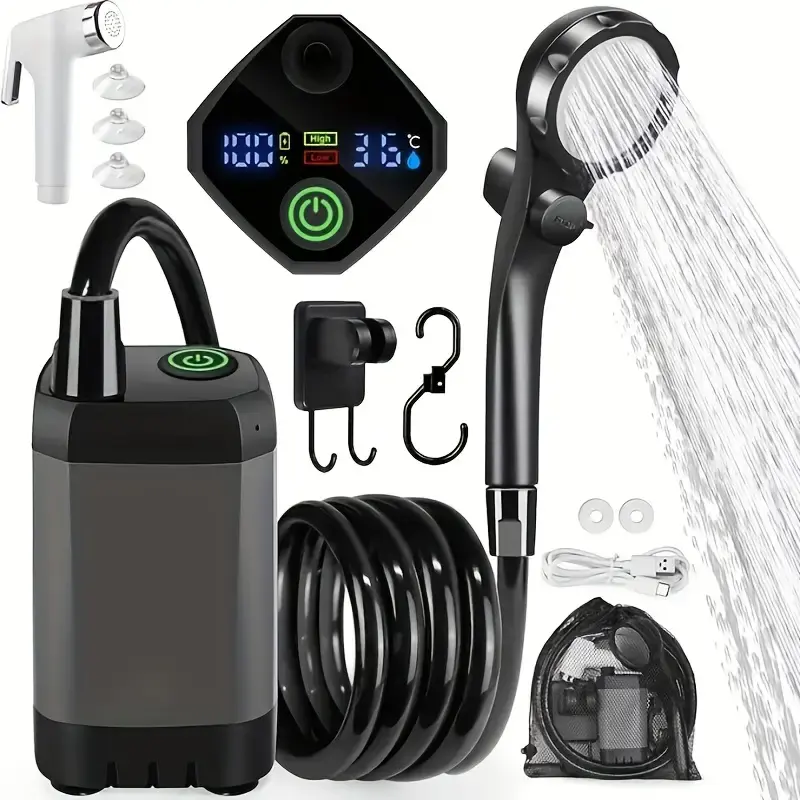 Portable Compact Camping Shower Set - 6000mAh Rechargeable Battery, Smart LED Display Screen, 4 Modes, 180-Minute Runtime, User-Friendly - for Hiking, Pet Care