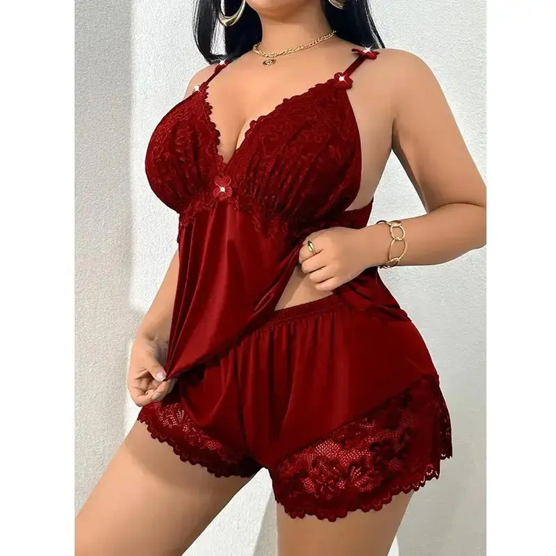 Women’s Two-Piece Lace Sleep Lingerie Set, Soft Stretch Camisole & Shorts Loungewear, Lightweight Nightwear With Extended Sizes For Bedroom Wear, Honeymoon, Valentine And Vacation Outfits case stainless steel