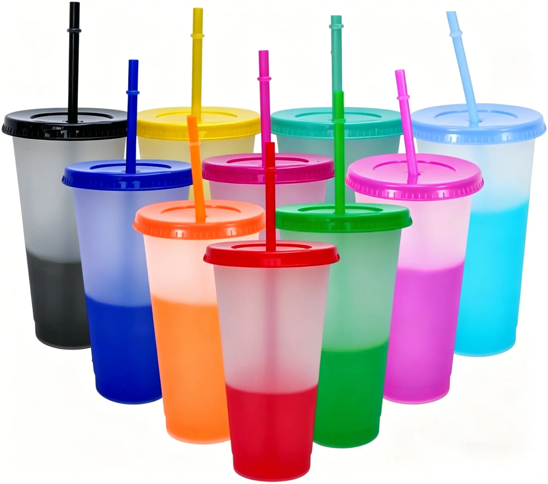 10Pcs 24oz Color Changing Reusable Plastic Tumblers with Lids and Straws - Portable, Washable, Leak-Proof Kitchen Drinkware for Kids, Beach, Weddings