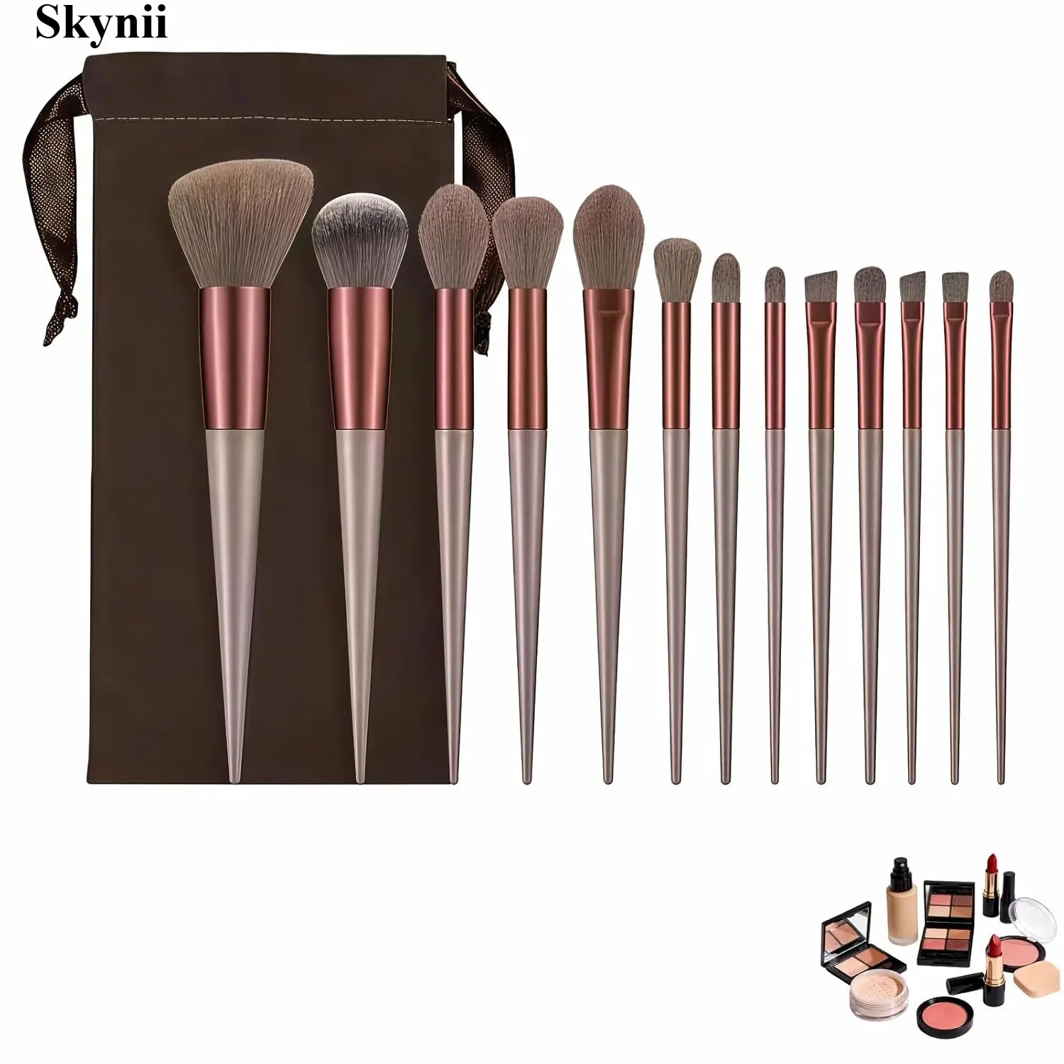 Skynii 13-Piece Professional Makeup Brush Multi-Pack - No-Shed Hypoallergenic Bristles for Sensitive Skin, Matte Gold, Shade Blending, No Battery Needed, Compact Pouch Included, Beauty Products, All Skill Levels, Beginners To Pros
