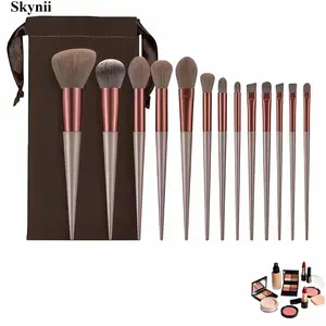 Skynii Makeup Brush Set, 13 Piece Professional Cosmetic Brushes with Pouch, Synthetic Bristles, Hypoallergenic, Brown