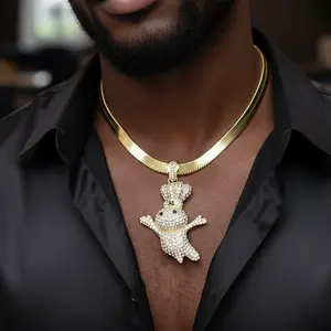 MaxBling81 Hip Hop Iced Large Doughboy CZ Pendant & 10mm 20" 24" Brass Herringbone Chain Necklace Jewelry Accessory