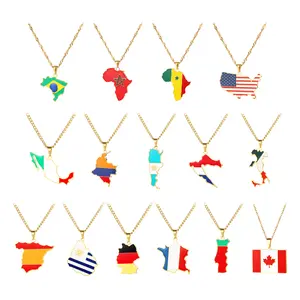 World Cup 2026 Country Map Flag Pendant Necklace, Stainless Steel Enamel Souvenir Chain for Men and Women