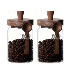 Coffee Sets, Coffee Jars, Glass Spice Jar with Wooden Lid & Spoon, 17oz/500ml, High Borosilicate Material, Food Storage Container for Kitchen, Pantry, & Home Use, Bamboo Design, Sturdy & Sealed, Thanksgiving Christmas
