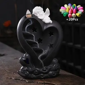 Creative Heart/Arch Shaped Angel Design Incense Burner, 1 Count LED Backflow Incense Burner with 20pcs Incense Cones, Home Decor Ornament for Living Room Bedroom, Home Fragrance Decor, Freshener