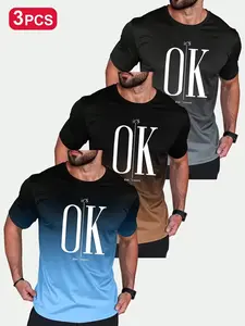 3-Pack Men's Gradient Ok Print T-Shirts, Short Sleeve Round Neck Summer Tees, Washable Casual Shirts, Spring & Summer Wear, Geometric Design