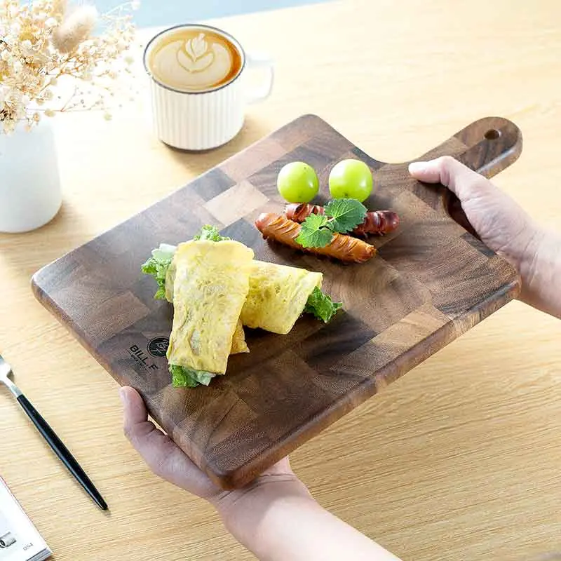 Bill.F Rectangle Dark Wood End-Grain Acacia Kitchen Chopping Board - 2 cm Thick, Handmade Butcher Block Serving Paddle with Hanging Handle, Self-Repairing Cutting Surface, Food-Safe Natural Oil Finishing, Sturdy and Seamless