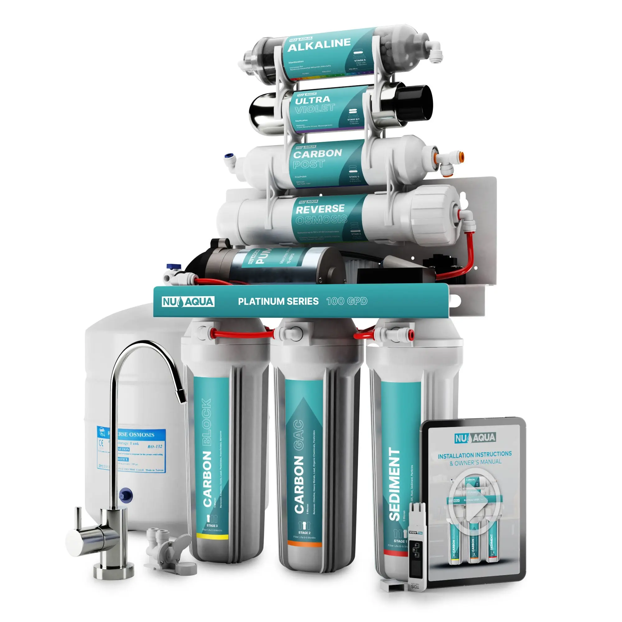 NU Aqua Platinum Series 7 Stage Alkaline and UV Ultraviolet 100GPD RO System with Booster Pump - Special Offer