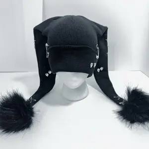 Jester Hat with Puffs - Black Knitted Hat Featuring Pom-Poms and Unique Design Elements Solid Color Beret