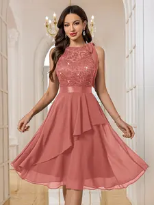 MIUSOL 84170A Halter Neck Sequin Floral Lace Chiffon Wrap Hem Prom Homecoming Formal Evening Cocktail Swing Party Dress,For Birthday, Wedding Guest, Dinner