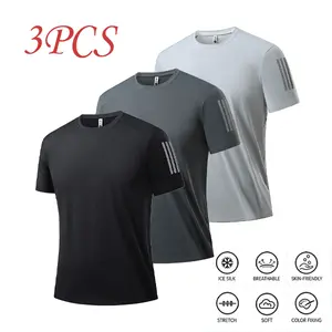 Men’s Summer Ice Silk Sports T‑Shirt Set, 3 Pieces — Breathable, High Stretch, Skin‑Friendly, Quick Dry Short Sleeve Casual Fitness Training Tops