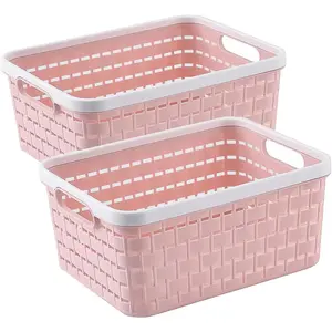 Plastic Storage Bin Baskets, Toilet Paper Basket for Bathroom, Plastic Organizer Shower Caddy with Handles for Living Room (Small Pink 2 pack)