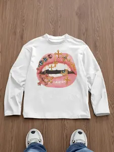 Men's Slim-Fit Long Sleeve Plaid Knit T-Shirt, Lips Metal Decor Art Text Print, Casual Street Style, All Seasons Wear, Knitwear