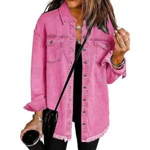 Women’s Oversized Button Up Frayed Hem Shacket Long Sleeve Pockets Denim Jean Jacket Womenswear Coats