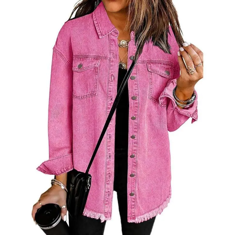 Women’s Oversized Button Up Frayed Hem Shacket Long Sleeve Pockets Denim Jean Jacket Womenswear Coats
