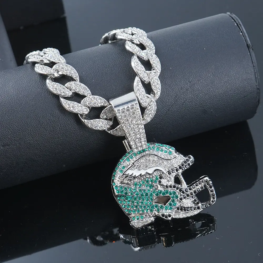 Men's Hip Hop Cuban Link Chain with Diamond Football Helmet Pendant High Quality Alloy Necklace Gift for Him Jewelry
