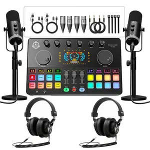 Squarock M100 Complete Set Podcast Equipment Bundle for 2, Audio Interface with 2 Dynamic XLR/USB Microphones, 2 Desktop Mic Stands and 2 Headphones, RGB, Voice Change for Vocal Recording,Podcasting,Streaming, PC Phone