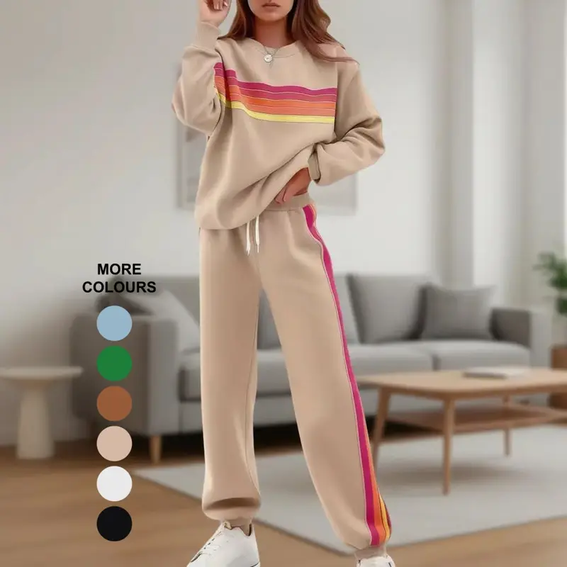 Women's 2-Piece Relaxed Fit Cotton Blend Loungewear Set, Long-Sleeve Oversized Rainbow Stripe Sweatshirt & Loose-Fitting Baggy Joggers, Machine Washable Leggings Alternative