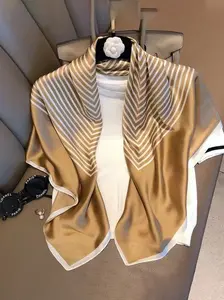 Fashionable and luxurious 90cm simulated silk scarf, Japanese and Korean simple striped large square scarf, Instagram style multifunctional shawl scarf