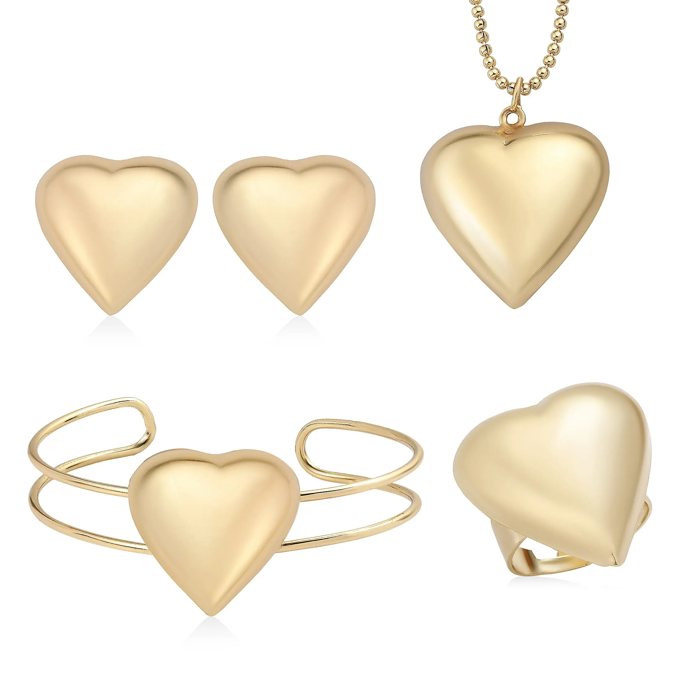 4 Piece Set - Heart Earrings, Necklace (17 Inches), Cuff Bracelet and Ring (Adjustable) in Goldtone