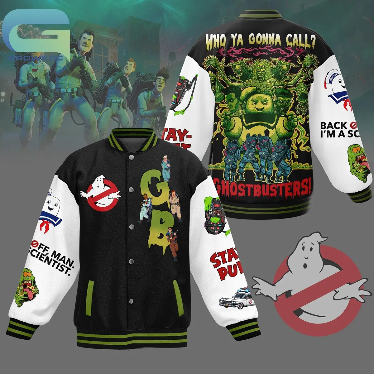 Varsity Jacket Ghostbusters Ghost Hunter Outfit With Stay Puft Marshmallow Man Slimer Ecto 1 Car Graphic Print Who Ya Gonna Call Movie Fan Costume Cozy Loose Fit Bomber Outwear
