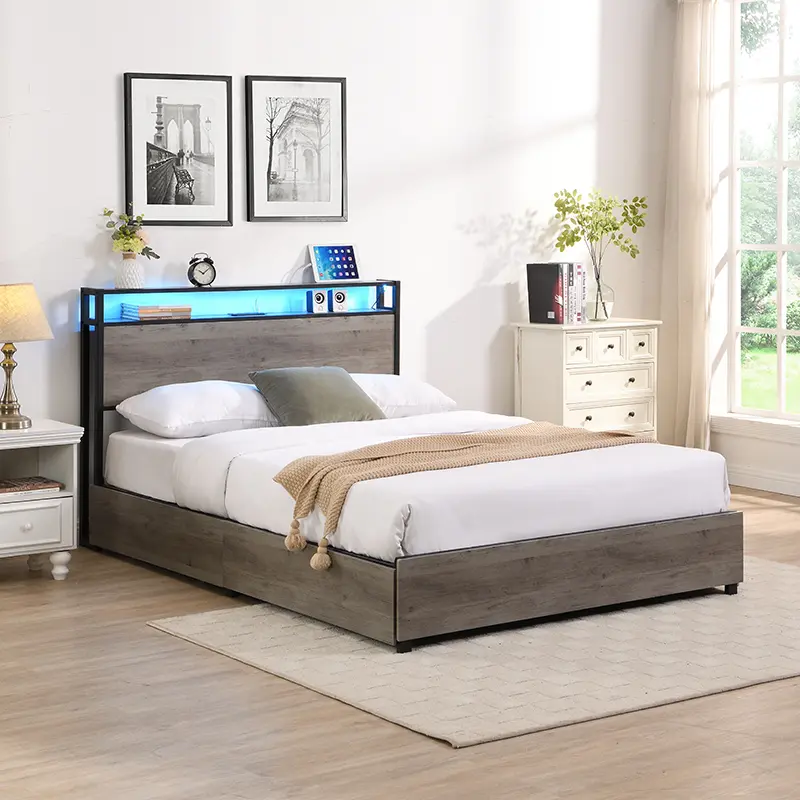 Bellemave Solid Metal Bed Frame Set - Full Size/King Size Options, Noise-Free Construction, Storage Headboard, Charging Station, 4 Drawers, 16 RGB Smart LED Lights, Easy Assembly
