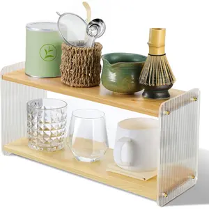 2pcs Matcha Station - 2 Tier Matcha Whisk Set Organizer Stand Shelf for Countertop, Stable Pine Acrylic, for Store Green Tea Powder Scoop Mugs in Tea Room Coffee Bar