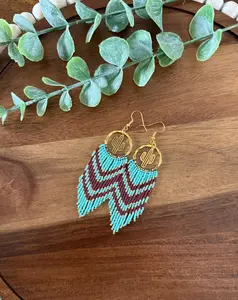 Beaded Earrings - Gold Circle with Teal and Maroon Chevron Design Beaded Earringsgs