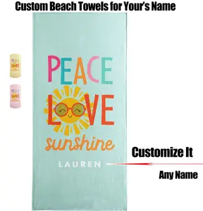 Oversized Personalized Beach Towel Customized Name, Peace Love Sunshine, Beach Day Essential Summer Beach Lover Gift Camp Towel Custom Gift, Super Strong Absorbent, Microfiber