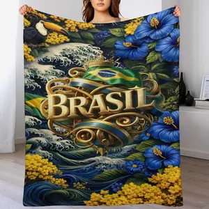 Brasil Tropical Flannel Throw Blanket, Brazilian Flag Toucan Hibiscus Print Soft Cozy Blanket for Couch, Brazil Pride Gift for Brazilian Expat