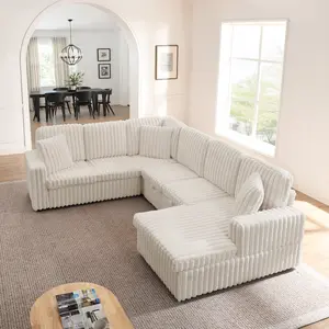 Niccae Corduroy Sectional Sofa - U-Shaped Upholstered Sofa with Chaise Lounge & Storage, 6-Seat Pull-Out Guest Bed with Foam Cushions, Modern Minimalist for Living Room, Apartment