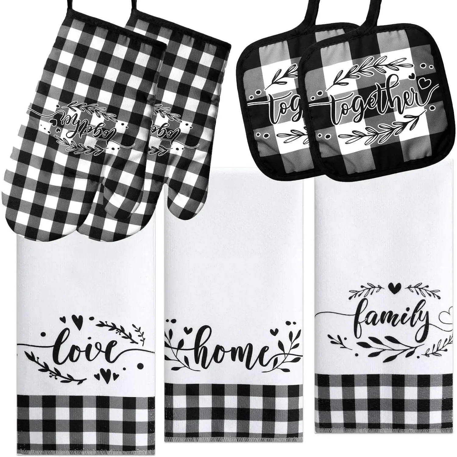 7-Piece Buffalo Check Black and White Kitchen Set - Lightweight, Heat-Resistant Non-Slip Oven Mitts, Pot Holders, Dish Towels, Farmhouse Look Vintage Decor for Cooking, Baking, Kitchenware, Bakeware