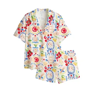 Italian Food Pajama Set Women, Tomato Lemon Pasta Print Sleepwear, Mediterranean Lounge Pajamas Two-piece Pj Set for Homewear, Women's Sleepwear for All Seasons, Summer Sleepwear, Pajamas, Pajamas Lounge Set