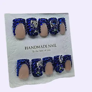Press On Nails by Jan: Sparkling Blue Bling Short Square Nail Set, Size Medium luxury
