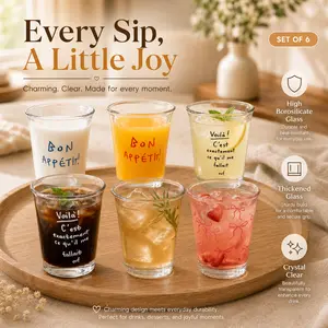 Set of 6 Thickened Borosilicate Drinking Glass Tumbler, French Letter & Pink Bow Printed Aesthetic Clear Cup, Bon Appetit Pattern Iced Coffee Juice Water Glass for Home Brunch Bar Drinkware Mug Bottles