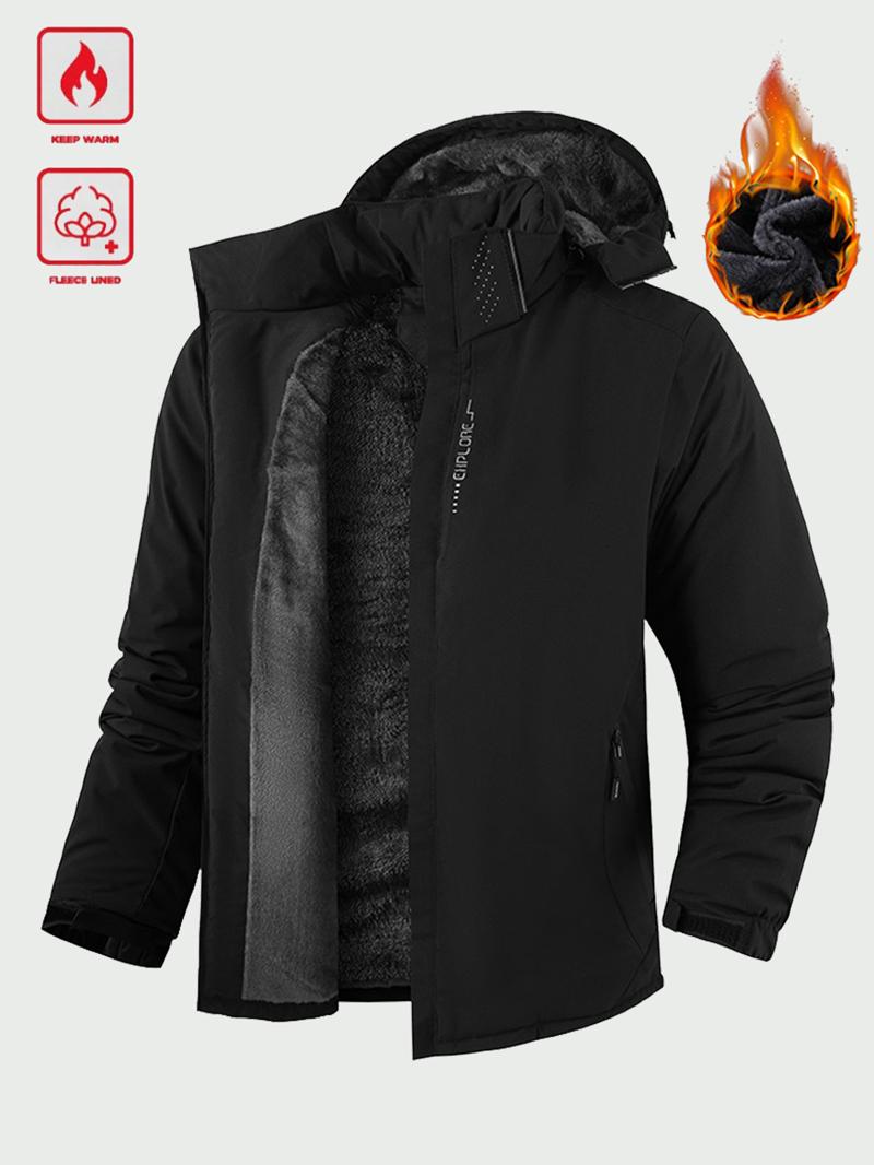 Men's Winter Outdoor Waterproof Windproof Fleece Lined Hooded Jacket - Thick Warm Coat; Features an Adjustable Drawstring Hood & Full Zip Front Closure; Perfect for Various Activities Such as Hiking, Jogging, Fishing, or Just Casual Wear; A Must-Have Vers Men's Winter Outdoor Waterproof Windproof Fleece Lined Hooded Jacket - Thick Warm Coat; Features an Adjustable Drawstring Hood & Full Zip Front Closure; Perfect for Various Activities Such as Hiking, Jogging, Fishing, or Just Casual Wear; A Must-Have Vers