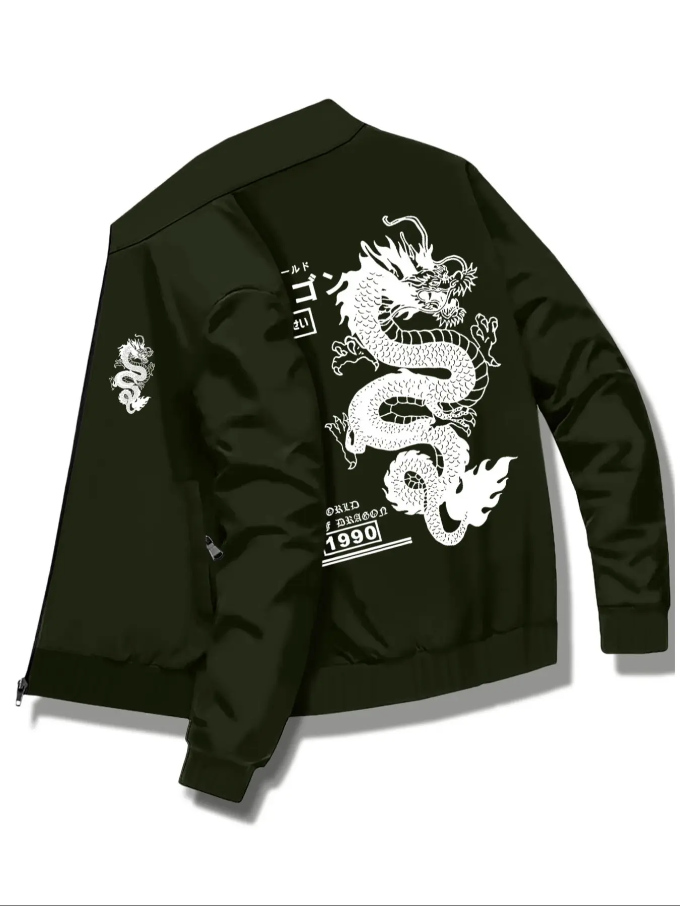 Men's Autumn Winter Casual Letter Dragon Print Stand Collar Jacket, Business Style Outdoor Sports Coat, Zipper Closure Design