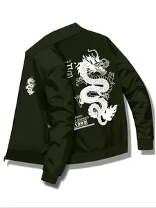Men's Autumn Winter Casual Letter Dragon Print Stand Collar Jacket, Business Style Outdoor Sports Coat, Zipper Closure Design